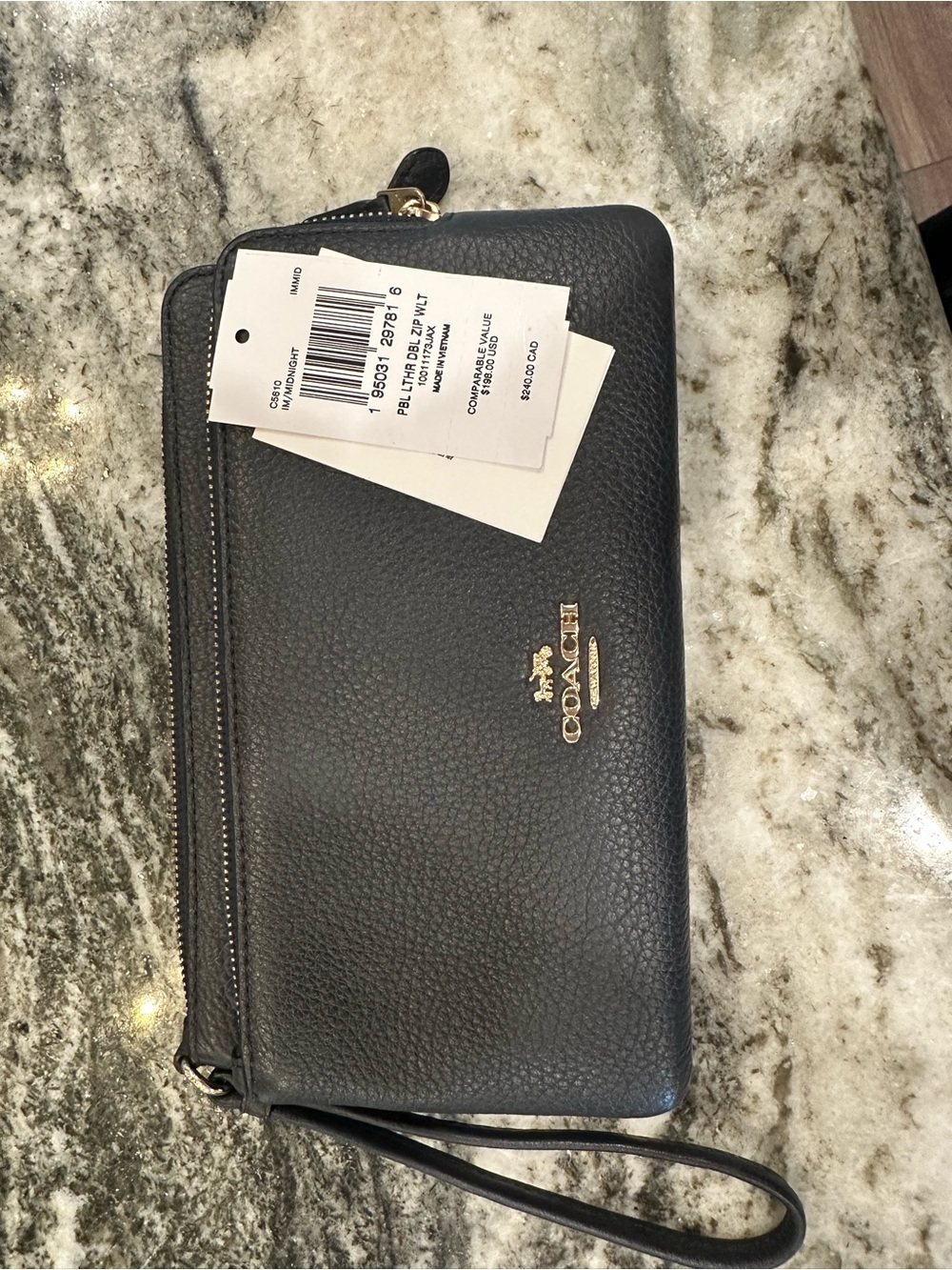 Coach Black Leather Zip Wristlet with Gold Logo